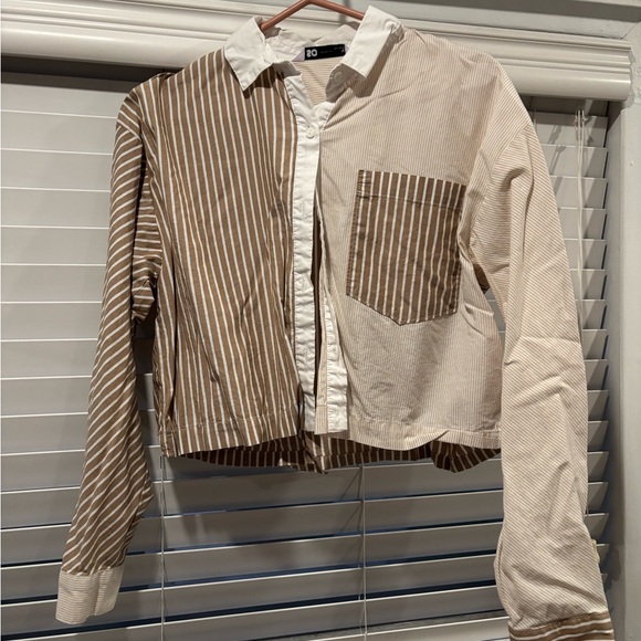 Striped biege Brown and Cream button down crop shirt - Picture 1 of 4